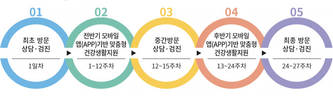 101.최초방문상담검진(1일차) - 02.전반기 모바일 앱(APP)기반 맞춤형 건강생활지원(1~12주차) - 03.중간방문 상담검진(12~15주차) - 04.후반기 모바일(APP)기반 맞춤형 건강생활지원(13~24주차) - 05.최종방문 상담검진(24~27주차)