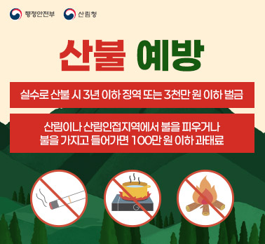 산불 예방 실수로 산불 시 3년 이하 징역 또는 3천만원 이하 벌금, 산림이나 산림인접지역에서 불을 피우거나 불을 가지고 들어가면 100만원 이하 과태료