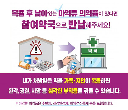 복용 후 남아있는 마약류 의약품이 있다면 참여약국으로 반납해주세요! 내가 처방받은 약을 가족·지인이 복용하면 환각, 경련, 사망 등 심각한 부작용을 겪을 수 있습니다. ※마약류 의약품은 수면제, 신경안정제, 마약성진통제 등을 포함합니다.