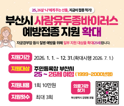 25,26살 ‘나’에게 주는 선물, 지금이 접종적기! 부산시 사람유두종바이러스 예방접종 지원 확대 자궁경부암 등의 질병 예방을 위해 일부 지원 대상을 확대(25세)합니다. 지원기간 2026. 1. 1. ~ 12. 31.(확대시행 2026. 7. 1.) 지원대상 주민등록상 부산시 25 ~ 26세 여성 (1999~2000년생) 지원내용 1회 10만원 지원횟수 최대 3회 의료기관 찾기 부산광역시 감염병 포털
