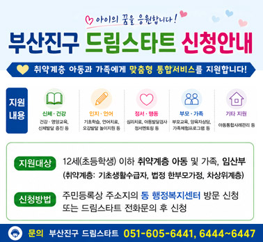 busanjin 부산진구 아이의 꿈을 응원합니다! 부산진구 드림스타트 신청안내 취약계층 아동과 가족에게 맞춤형 통합서비스를 지원합니다! 지원내용 신체·건강 건강·영양교육, 신체발달 증진 등 인지·언어 기초학습, 언어치료, 오감발달 놀이지원 등 정서·행동 심리치료, 아동발달검사 정서멘토링 등 부모·가족 부모교육, 양육자상담, 가족체험프로그램 등 기타 지원 아동통합사례관리 등 지원대상 12세(초등학생) 이하 취약계층 아동 및 가족, 임산부(취약계층: 기초생활수급자, 법정 한부모가정, 차상위계층) 신청방법 주민등록상 주소지의 동 행정복지센터 방문 신청 또는 드림스타트 전화문의 후 신청 문의 부산진구 드림스타트 051-605-6441, 6444~6447 | 함께 키우는 행복한 미래!